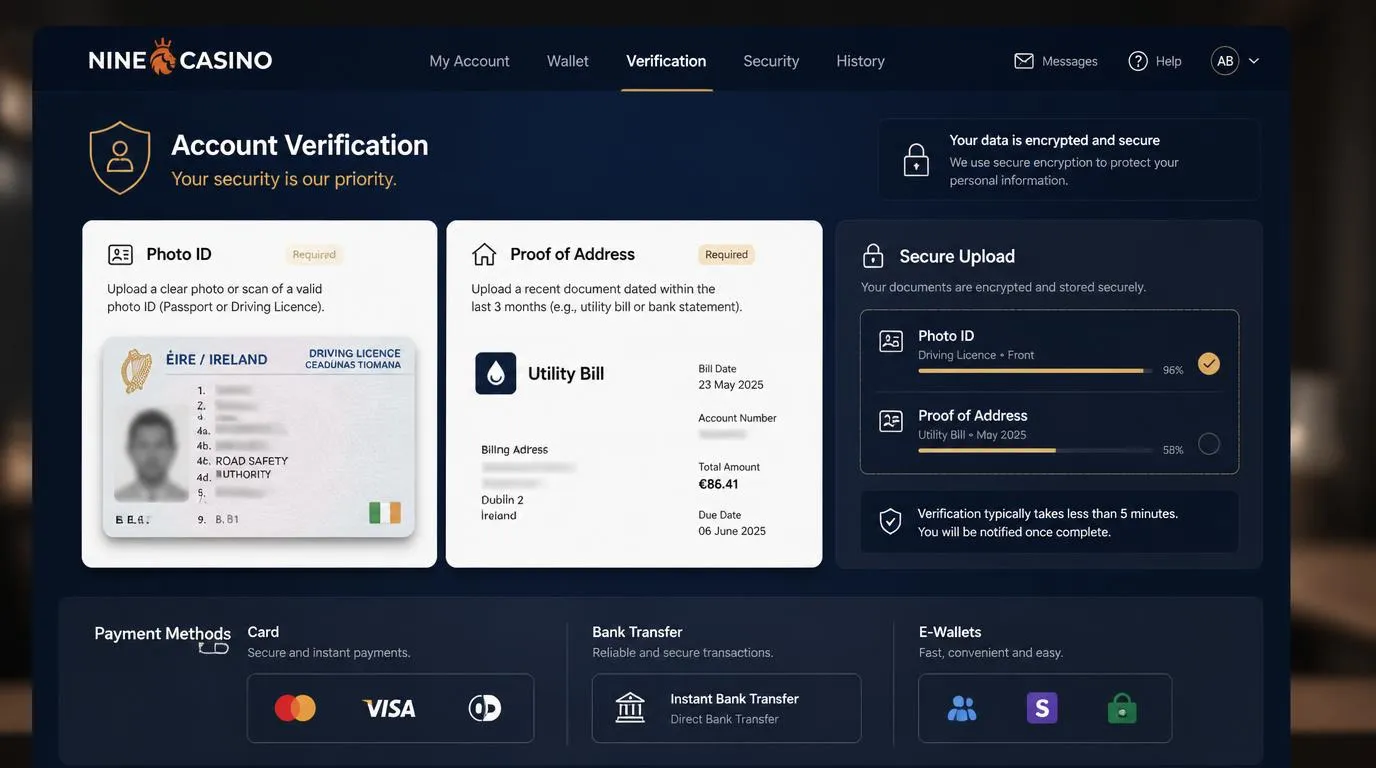 Irish casino account verification screen with ID card, utility bill and secure payment method icons