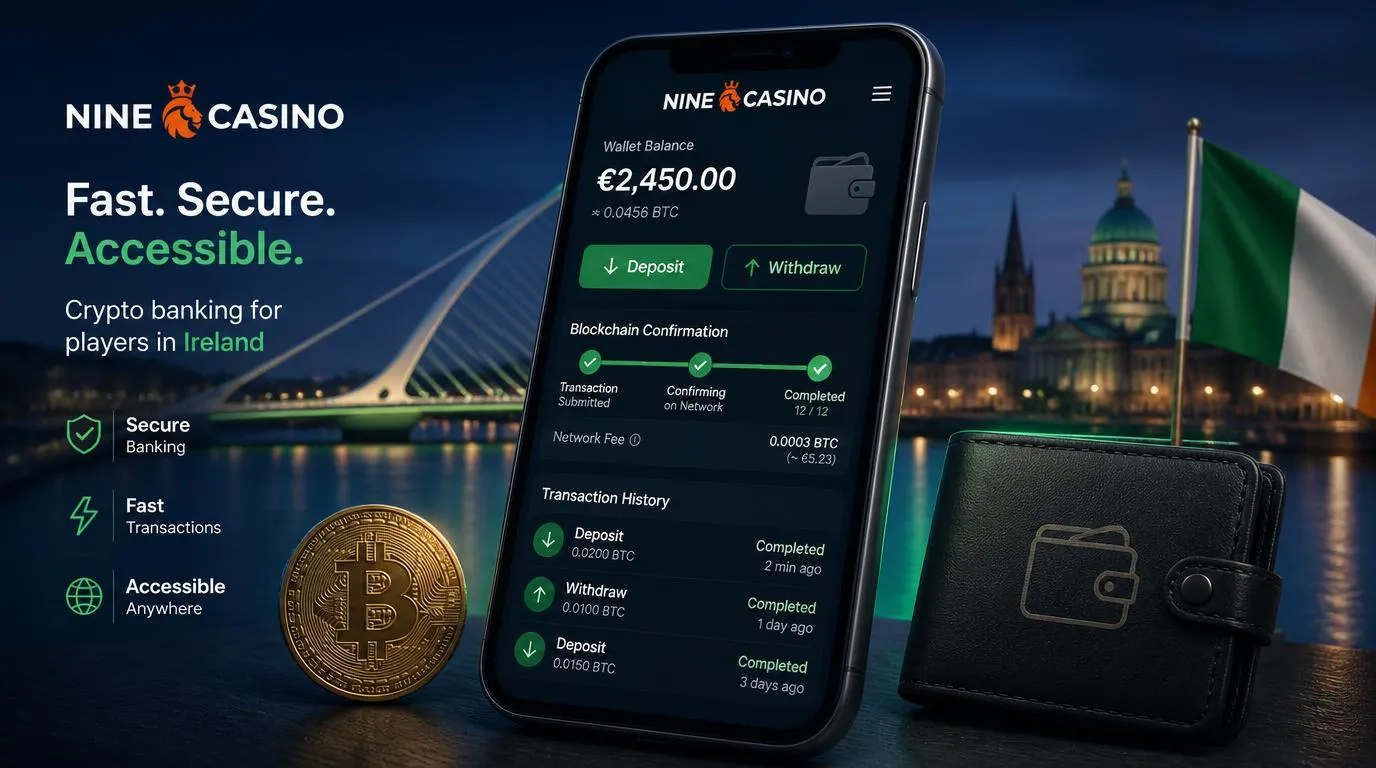 Mobile casino banking screen with cryptocurrency deposit and withdrawal options