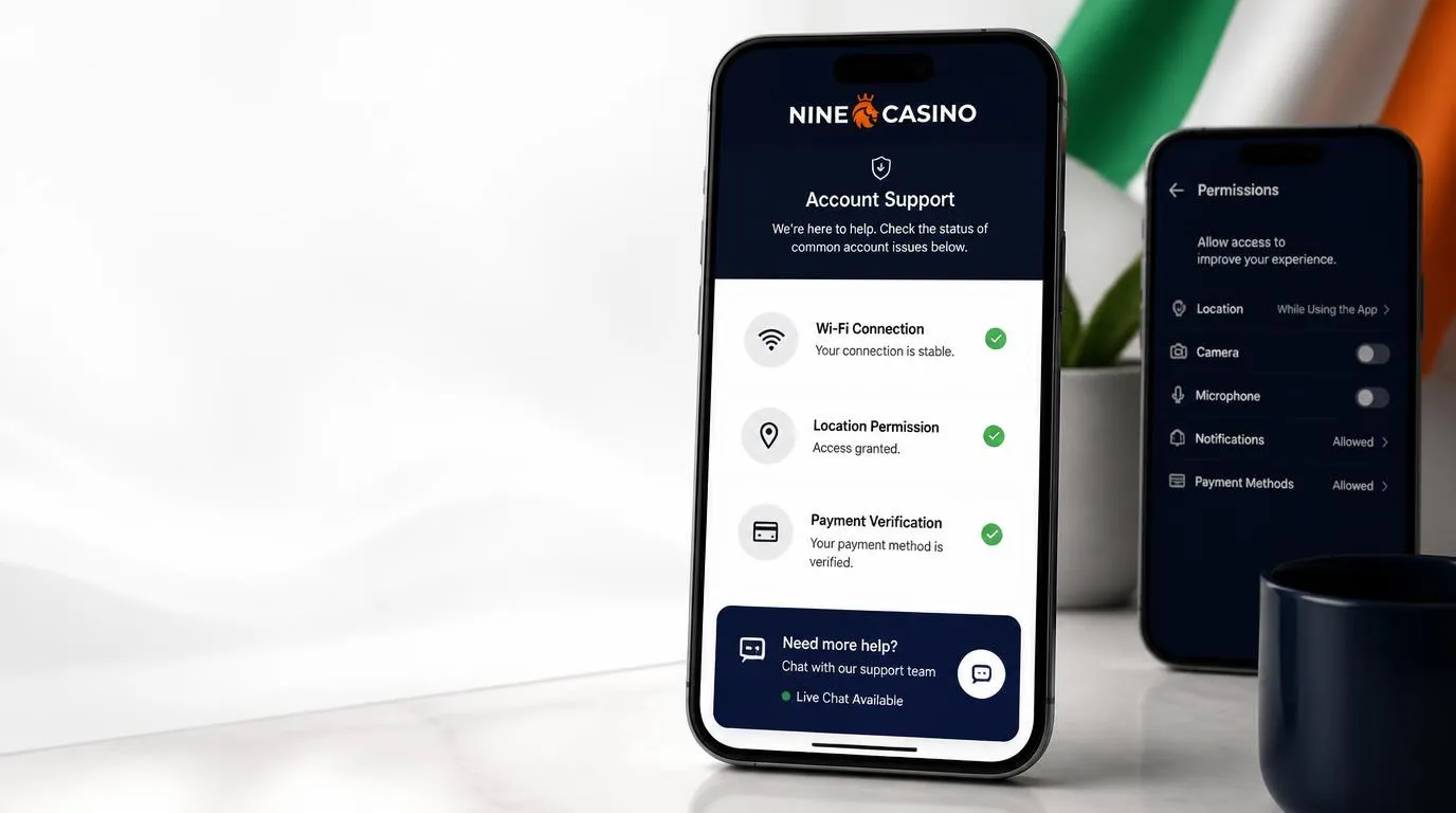 Smartphone displaying a casino app support screen with connection, location, and payment checks