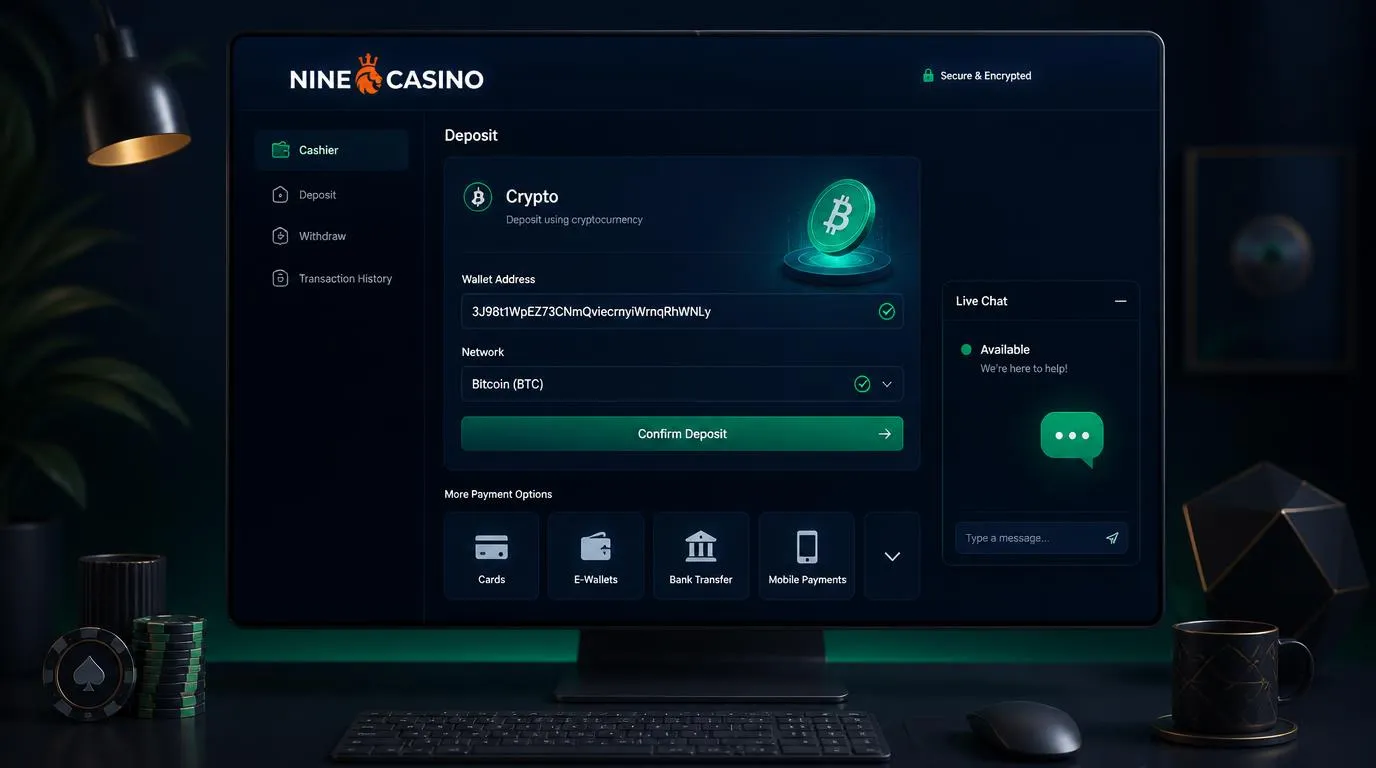 Crypto wallet deposit screen with network selection, wallet address verification, and secure payment options