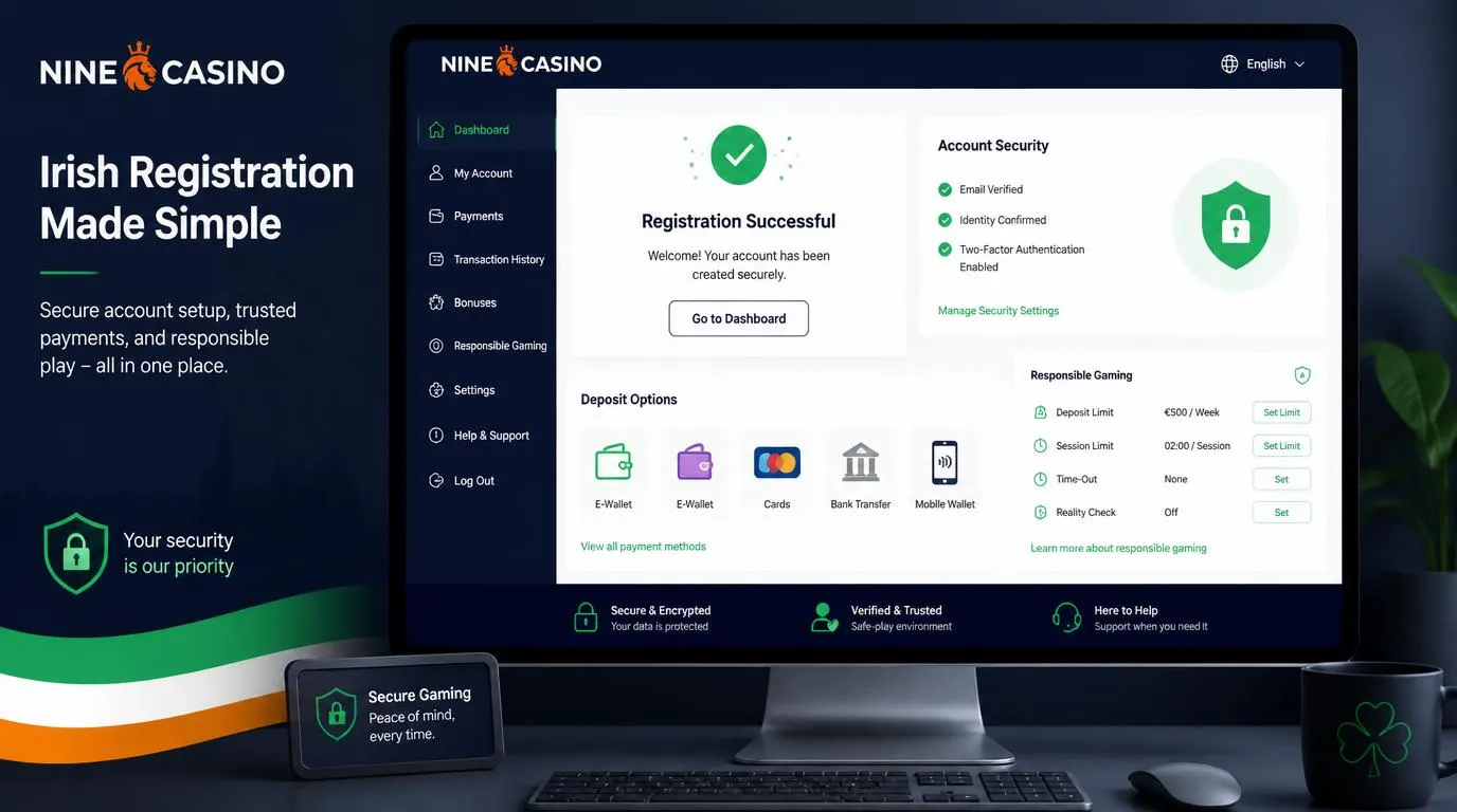Casino registration account screen with payment choices, language settings, and responsible gaming controls