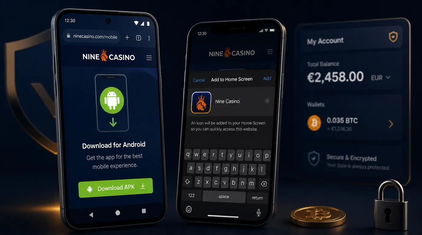 Android phone and iPhone displaying an official casino mobile site with install and home screen options