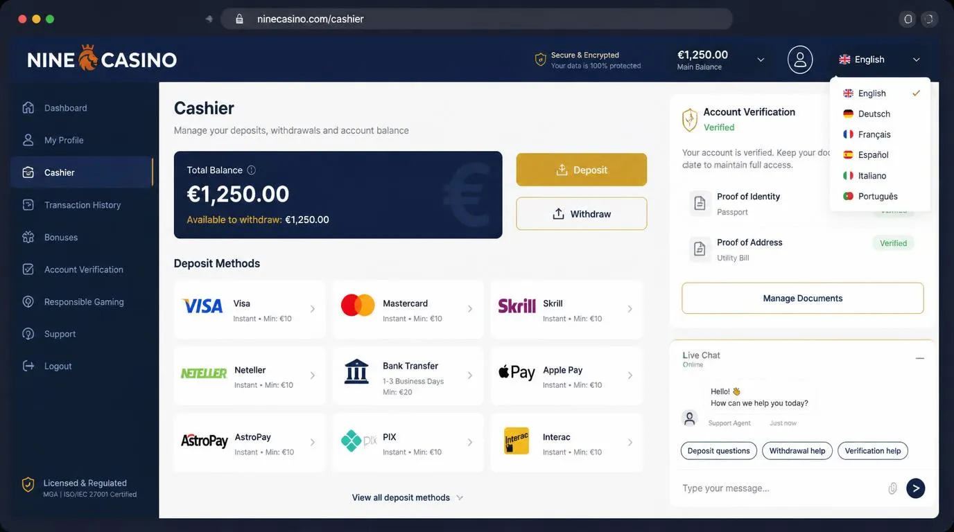 Casino cashier screen with language selector, euro balance, payment cards and live chat panel