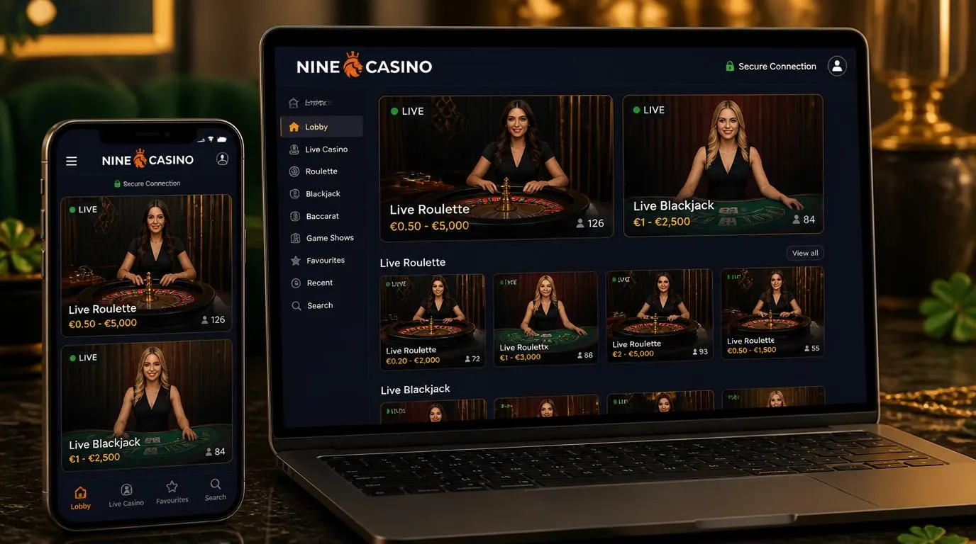 Mobile phone and laptop displaying live roulette and blackjack tables in a modern casino lobby