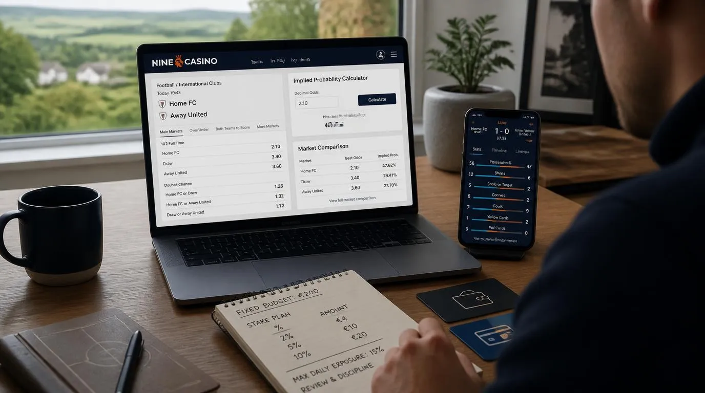 Sports bettor comparing pre-match odds and live match statistics on a laptop and mobile screen