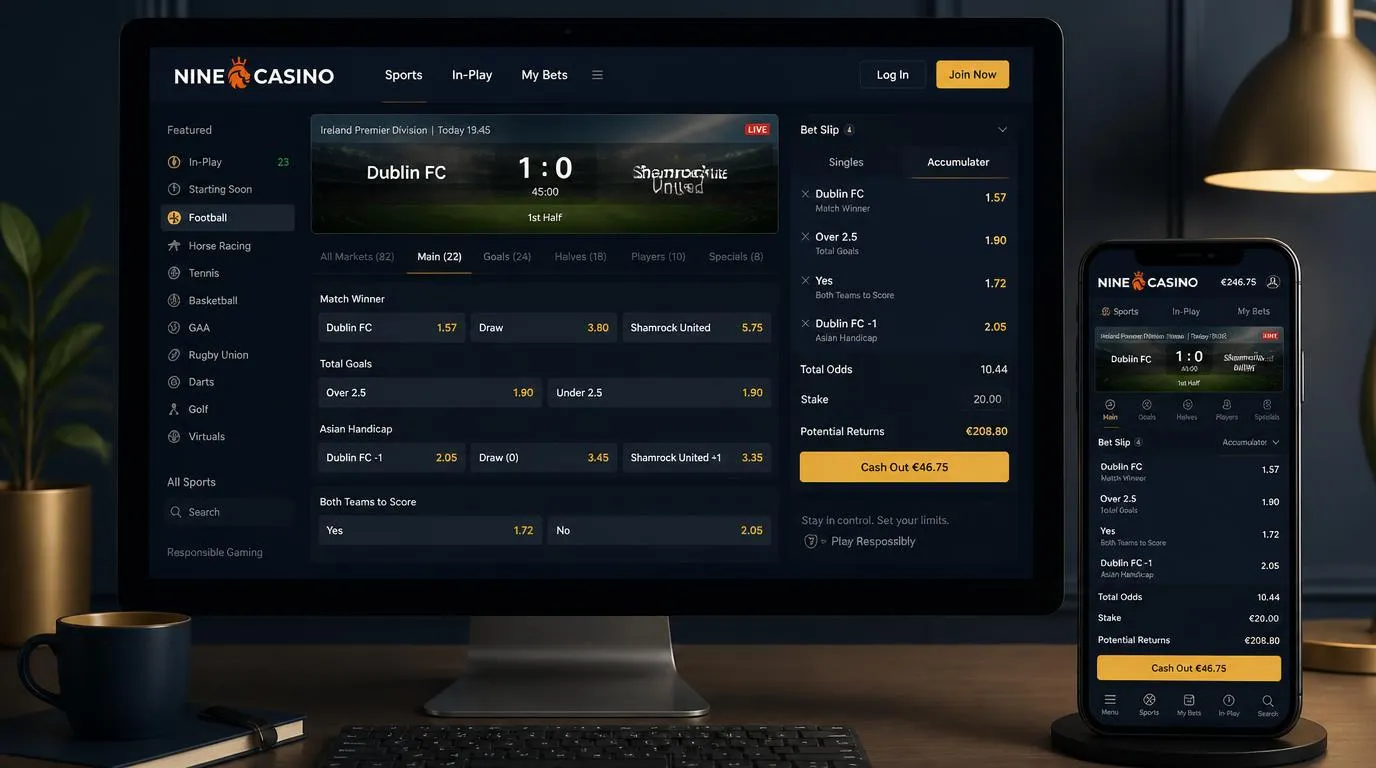 Sports betting interface with live match odds, accumulator selections and a cash-out option