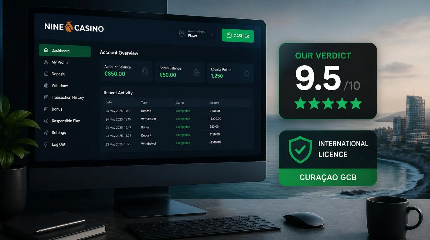 Secure online casino account screen with licence details, rating score and cashier access