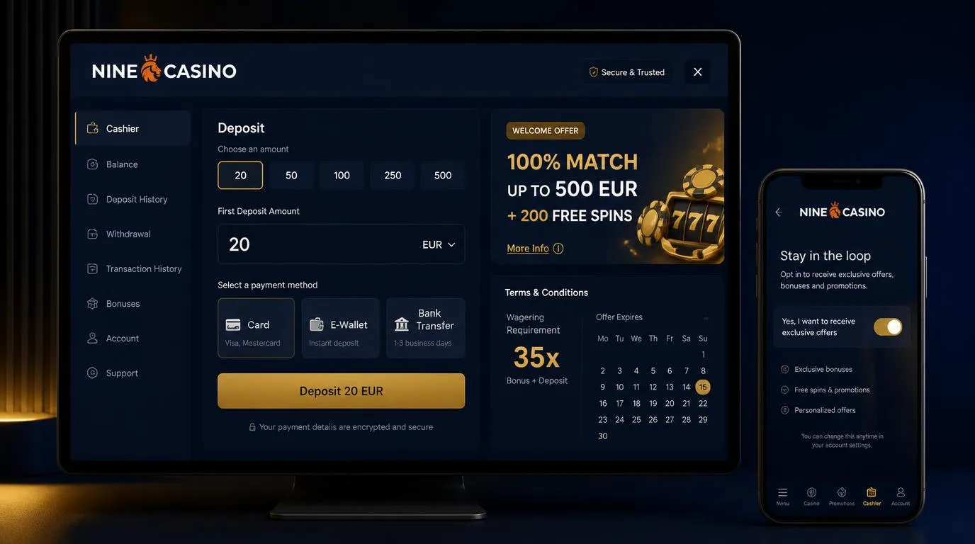 Casino cashier screen showing a qualifying first deposit and welcome bonus activation details