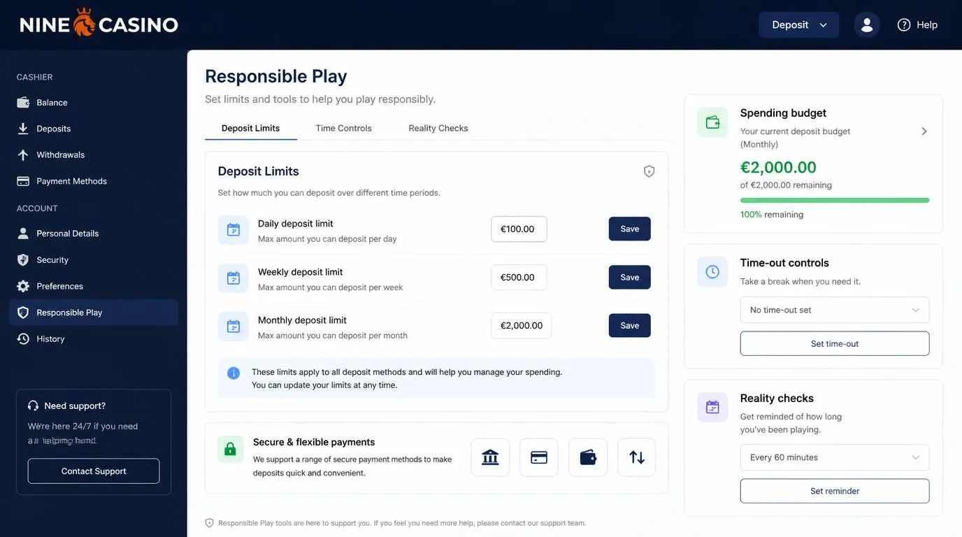 Casino account settings screen with daily, weekly and monthly deposit limit controls