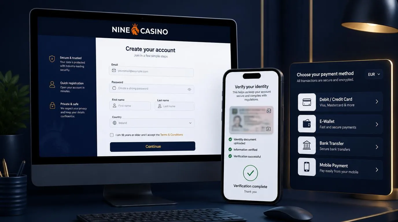 Casino account registration screen beside ID verification and secure payment method icons